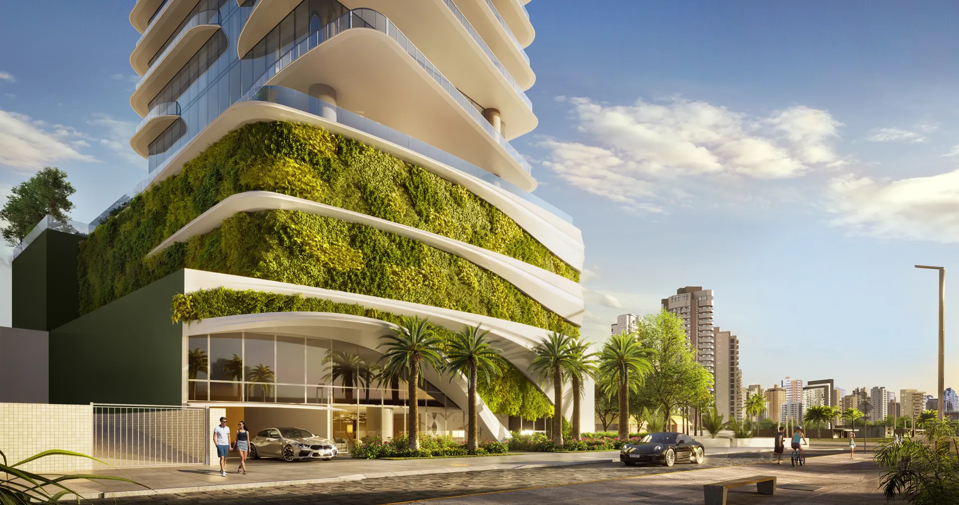 Portaria com fachada verde, perspectiva ilustrativa